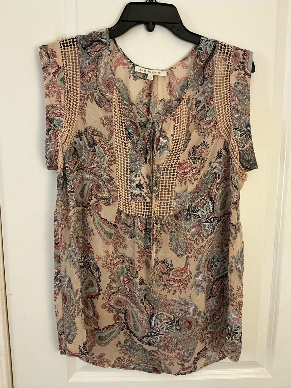 Daniel Rainn Paisley Crochet Trim Sheer Boho Blouse Large